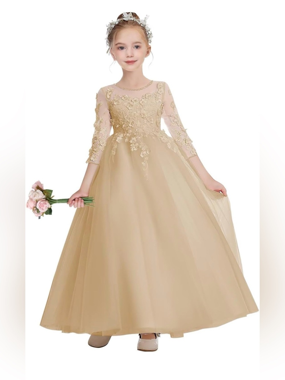 Gold Floral Appliqué Tulle Formal Dress for Girls